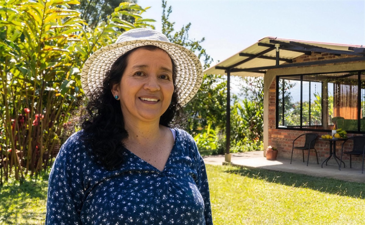 A Colombian coffee grower smiles on her family farm